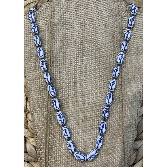 VTG Chinese Export Hand Knotted Painted Blue White Porcelain Bead Bird Necklace - Picture 2 of 8